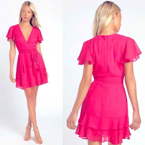 LULUS SWEET LIKE YOU HOT PINK RUFFLED SURPLICE CHIFFON MINI DRESS - Picture 1 of 16